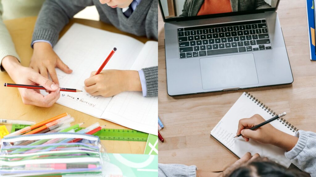 A split image, left side shows a tutor in person with a student, and the right shows a student studying in front of their laptop